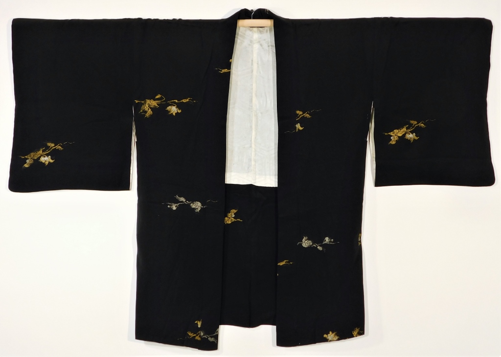 Appraisal: JAPANESE GOLD SILVER AND BLACK HAORI JACKET Japan - th