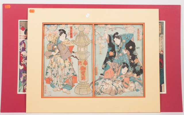 Appraisal: Five Japanese color woodcuts depicting theatrical scenes comprising a diptych