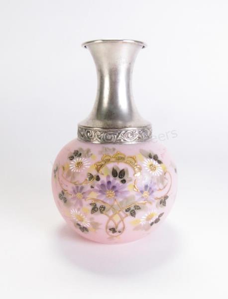 Appraisal: Victorian Pink Satin Vase painted and enameled floral decoration fluted