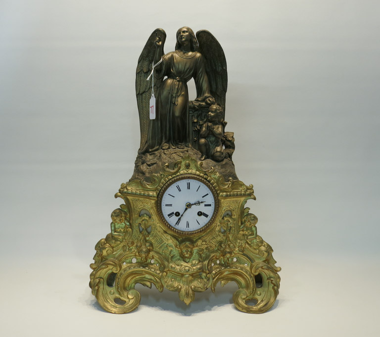 Appraisal: FRENCH SPELTER STATUE CLOCK gold gilt base decorated in scrollwork