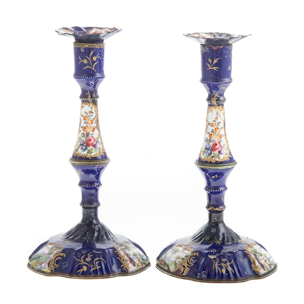 Appraisal: Pair English Battersea Enamel Candlesticks th century cobalt ground with