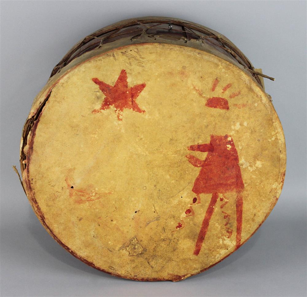 Appraisal: NATIVE AMERICAN DRUM PUEBLO laced hide heads each painted with