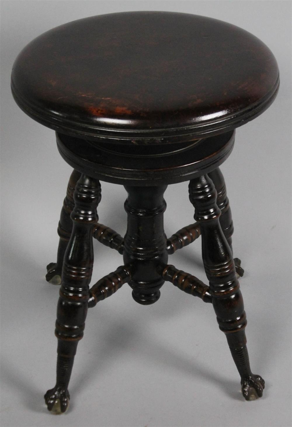 Appraisal: VICTORIAN ADJUSTABLE MAHOGANY ROUND PIANO STOOL ON BALL AND CLAW