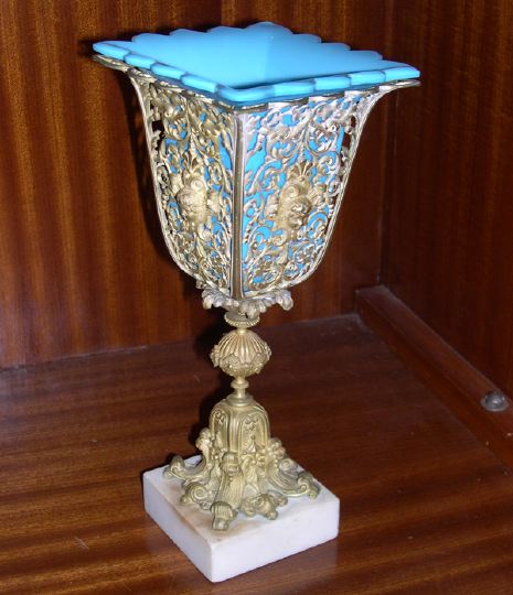 Appraisal: Good English Gilt-Lacquered Brass White Marble and Cut Cornstarch Blue