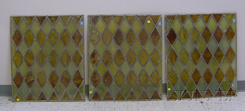 Appraisal: Three Leaded Art Glass Window Panels with Diamond-shaped Segments x