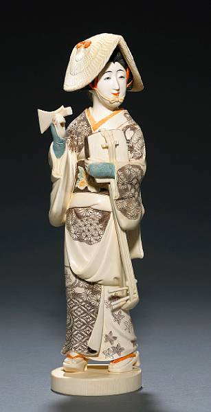 Appraisal: A polychromed ivory okimono th Century Depicting a geisha walking