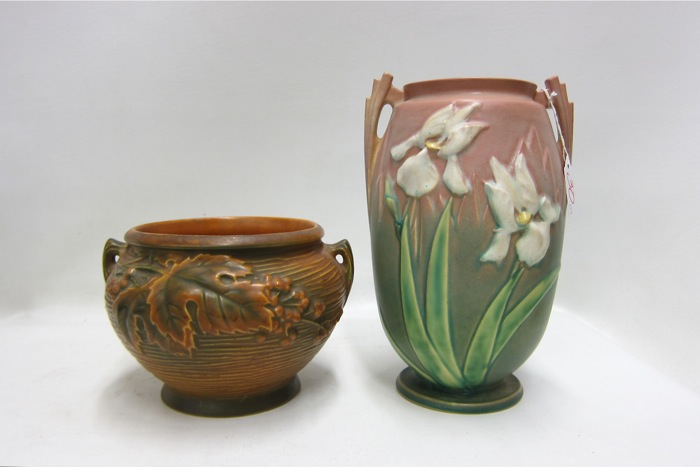 Appraisal: TWO PIECES AMERICAN ROSEVILLE ART POTTERY Iris pattern vase -