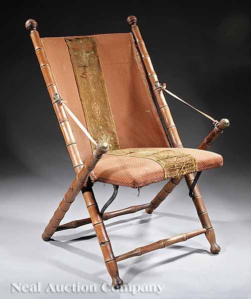 Appraisal: An American Cherrywood Folding Campaign Chair c beehive finials faux