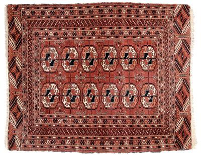 Appraisal: Turkoman rug two rows of guls with multiple geometric borders