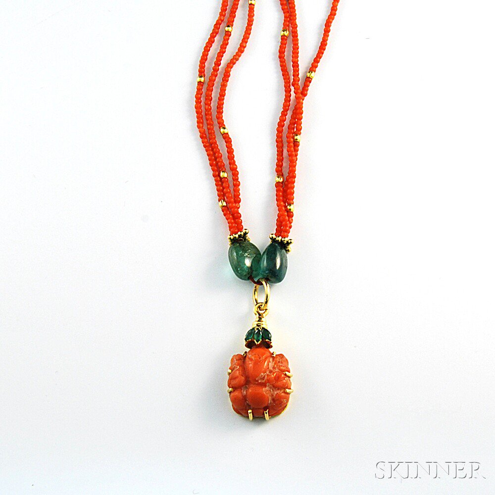 Appraisal: Coral and Emerald Necklace the triple-strand necklace of small coral