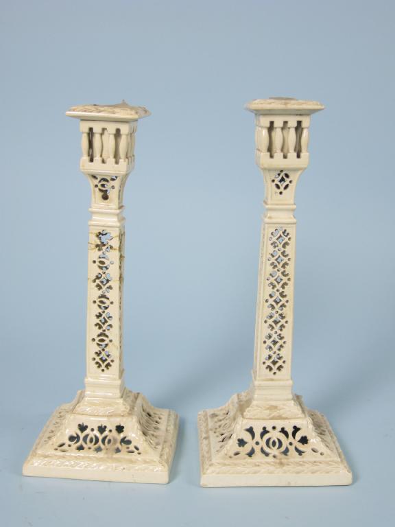 Appraisal: Pair of th Century Leeds Pottery reticulated creamware Candlesticks one