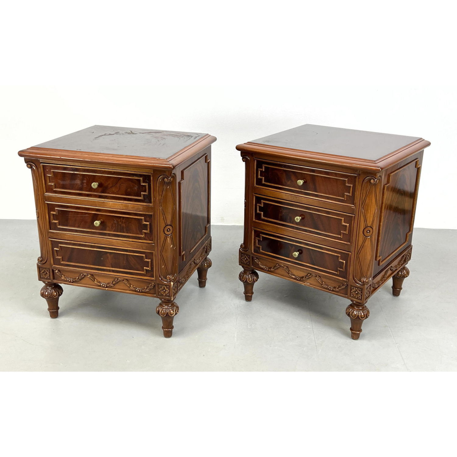 Appraisal: Pr Three Drawer Flame Mahogany Night Stands Vintage Dimensions H