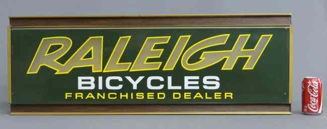 Appraisal: Illuminated ''Raleigh'' bicycle dealer sign One sided Light works ''