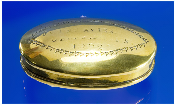 Appraisal: thC Brass Snuff Box Of Oval Form The Hinged Lid