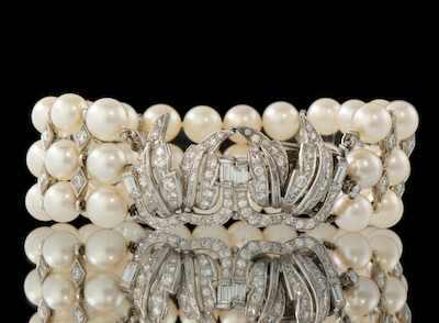 Appraisal: An Estate Platinum Diamond and Pearl Bracelet Platinum stylized leaf