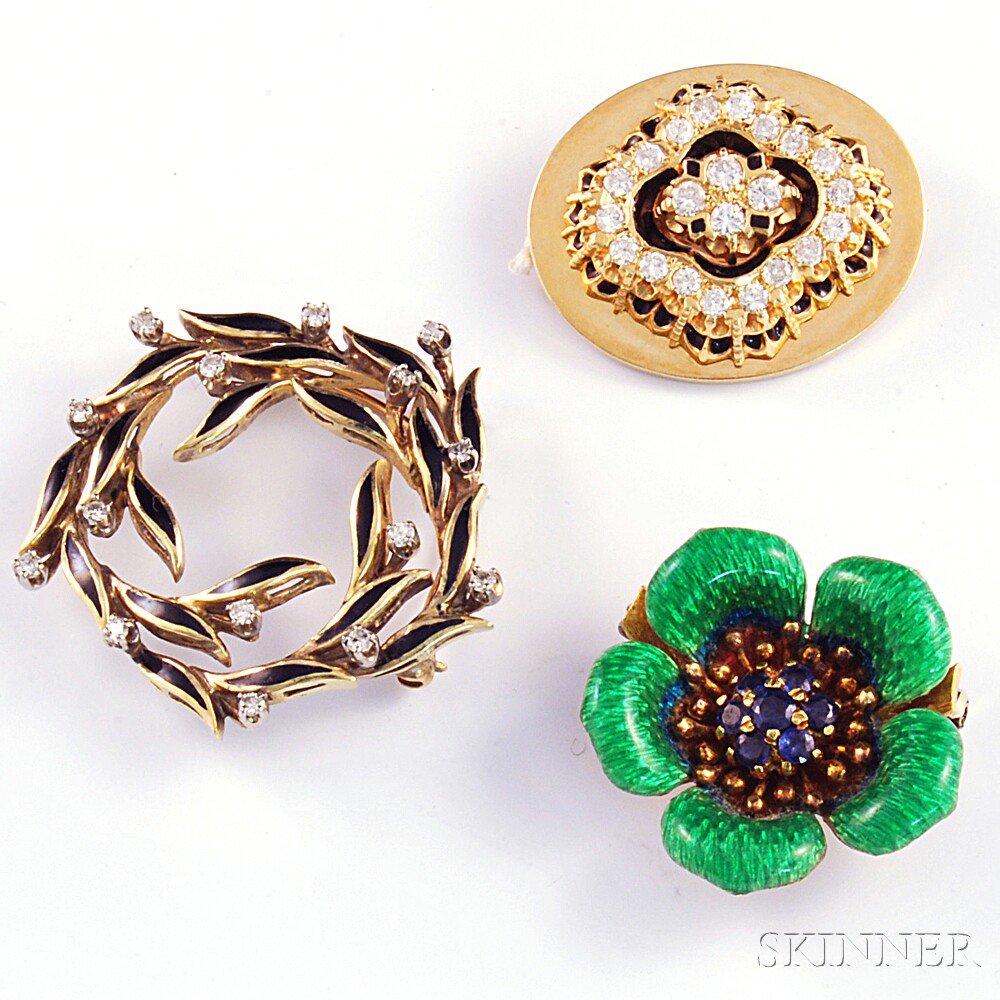 Appraisal: Three Gold Gem-set Brooches a kt gold black enamel and