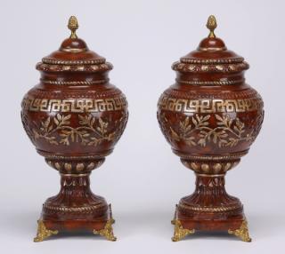 Appraisal: Parcel gilt lidded urns h Pair of covered urns with