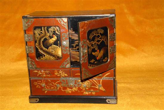 Appraisal: FINELY LACQUERED ORIENTAL JEWELRY CHEST th C exotic wood H