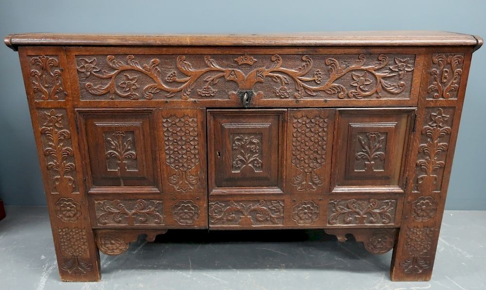 Appraisal: Continental Jacobean Oak Coffer Continental Jacobean oak coffer with heavily