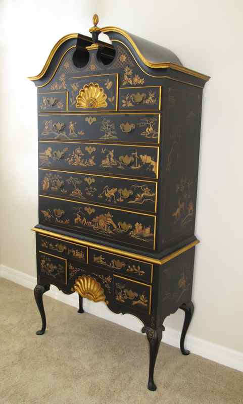 Appraisal: CHINOISERIE HIGHBOY CHEST BY WHITE FURNITURE Broken arch pediment with