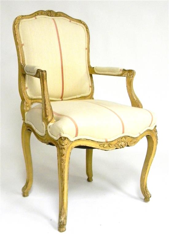 Appraisal: th C French style open armchair cream painted frame with