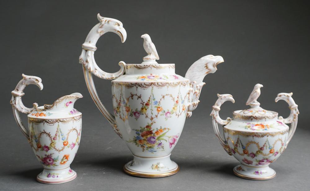 Appraisal: Dresden Porcelain Three-Piece Floral Decorated 'Griffon' Tea Set H of