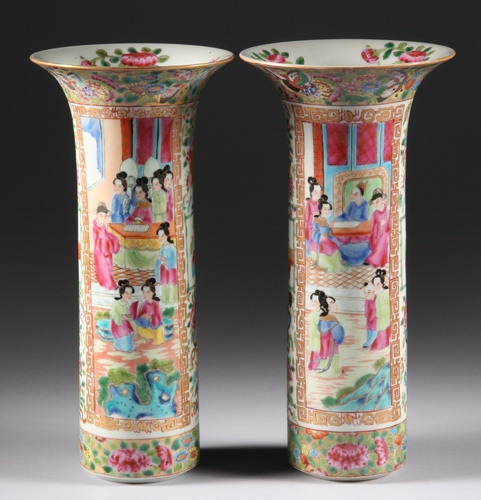 Appraisal: PAIR CHINESE ROSE MANDARIN PORCELAIN BEAKER VASES th century -