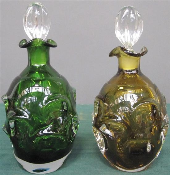 Appraisal: TWO ART GLASS DECANTERS Two modern design art glass lidded