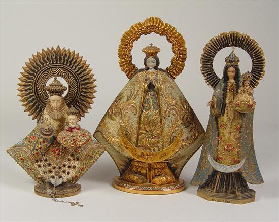 Appraisal: Three Hand-Carved Madonnas Mexican hand-carved and hand-painted mahogany statues of