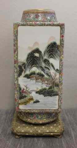 Appraisal: Beautifully Decorated and Signed Chinese SquareVase On a custom silk