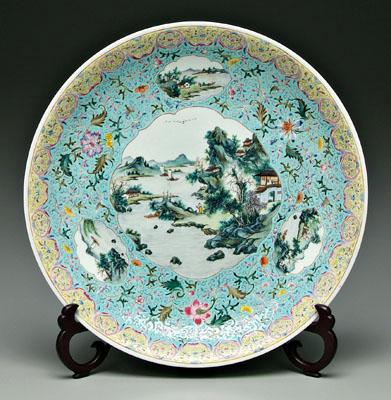 Appraisal: Chinese famille rose charger turquoise ground cartouches of figures and