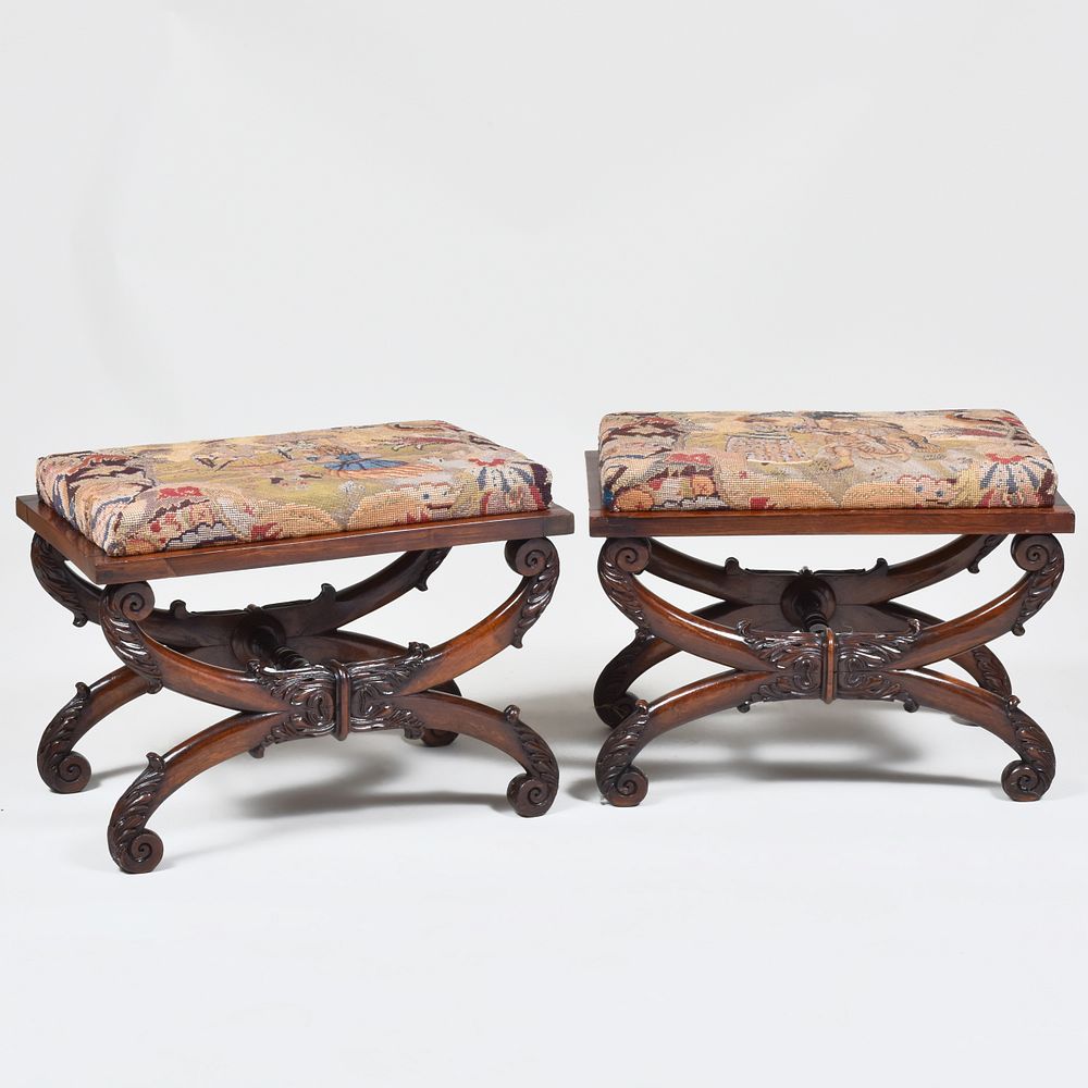 Appraisal: Pair of Regency Carved Rosewood Curule Stools Each with needlework