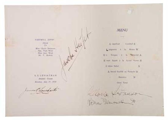 Appraisal: UNITED STATES LINES Leviathan Farewell Dinner Menu Signed by Gloria