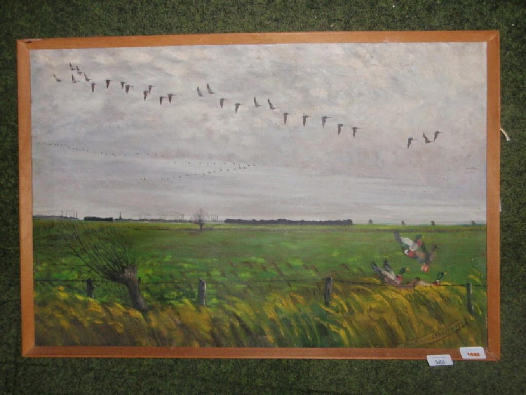 Appraisal: MacKenzie Thorpe Landscape with flighting geese and ducks oil on