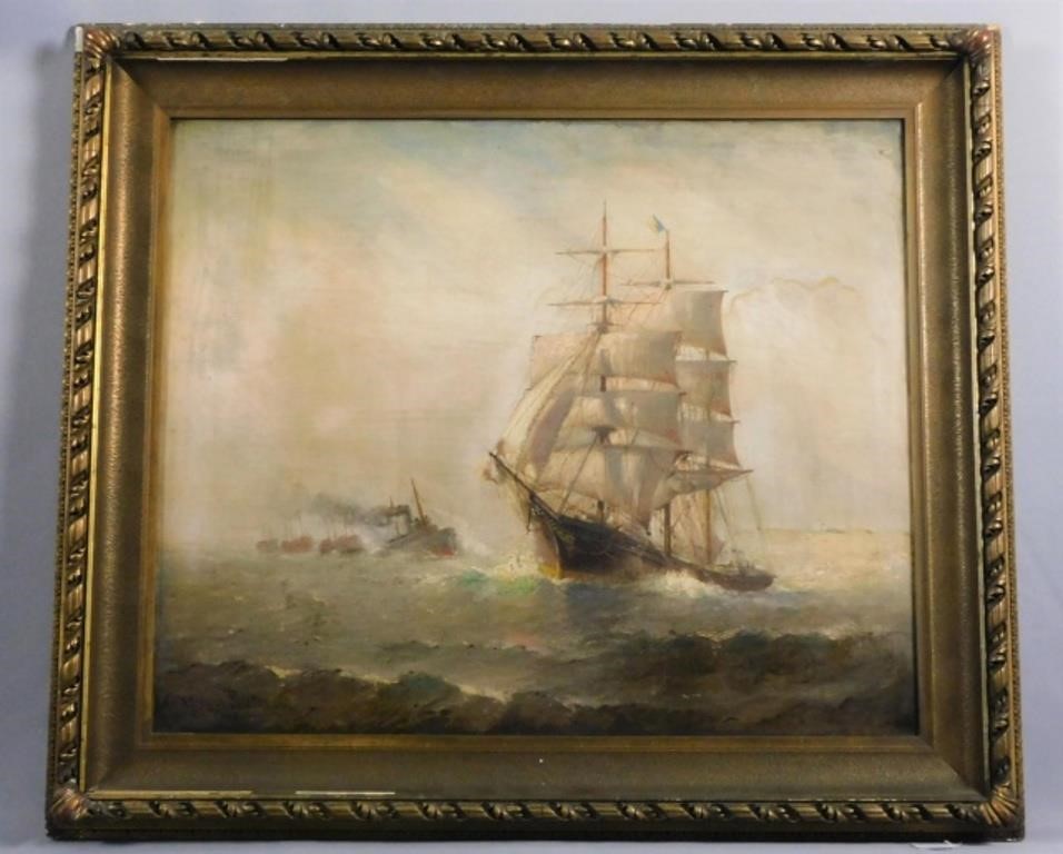 Appraisal: painting on canvas depicting a three masted ship under sail