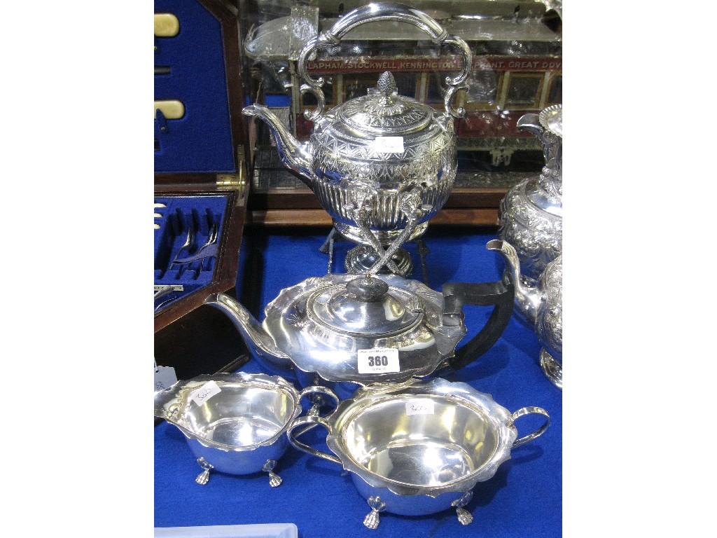 Appraisal: Lot comprising three piece EP tea service and a silver