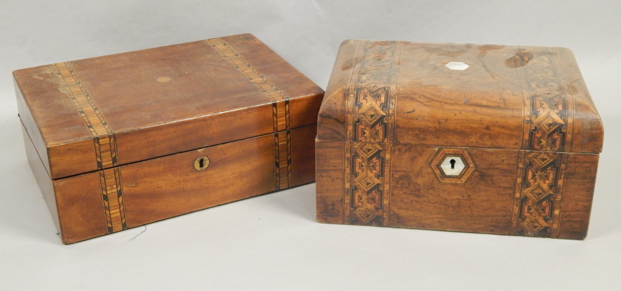 Appraisal: Two similar thC walnut and parquetry workboxes one with a