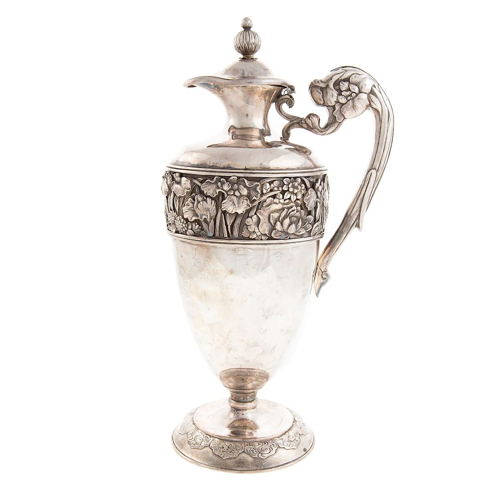 Appraisal: Japanese Sterling Silver Floral Ewer baluster-form with sculptural floral band