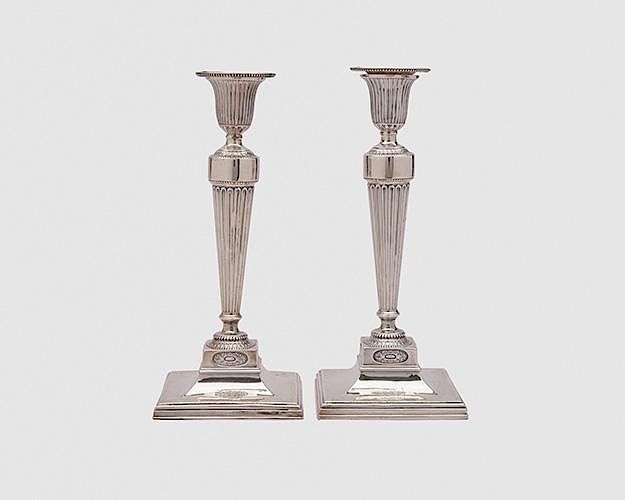 Appraisal: Pair of Sheffield Silver Neoclassical Weighted Candlesticks Pair of Sheffield