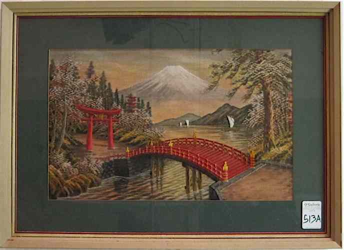 Appraisal: JAPANESE HAND EMBROIDERY a colorful depiction of a red bridge