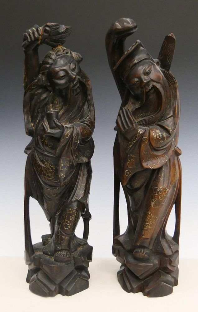 Appraisal: Pr ANTIQUE CHINESE SILVER INLAY WOODEN IMMORTALS A pair of