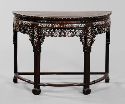 Appraisal: Inlaid Hardwood Demilune Table Chinese th century waisted top on