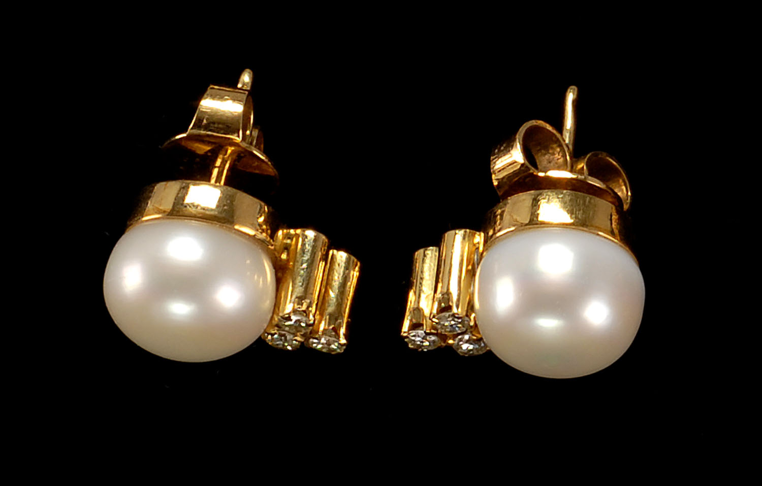 Appraisal: PAIR OF YELLOW GOLD PEARL AND DIAMOND EARRINGS Each with