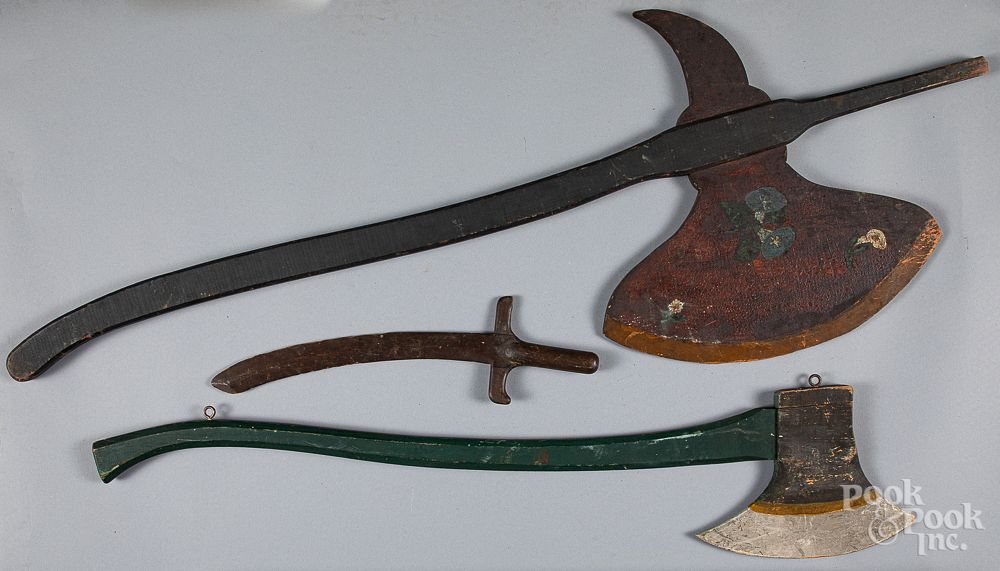 Appraisal: Two painted pine lodge axes together with a swor Two