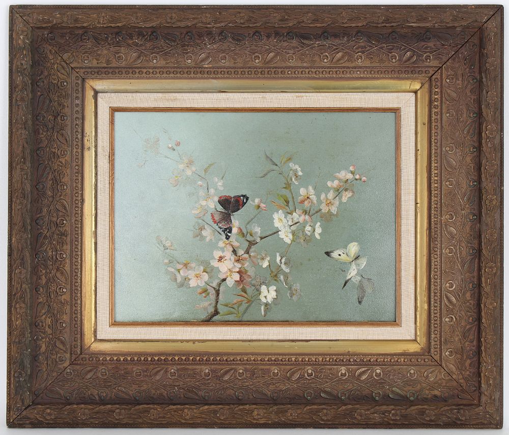 Appraisal: American School th C Blossoms and Butterflies Oil on Panel