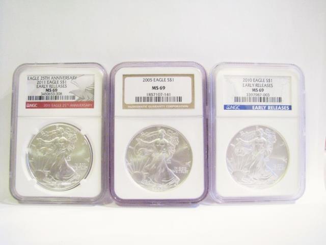 Appraisal: A group of three Silver Eagle coins including th Anniversary