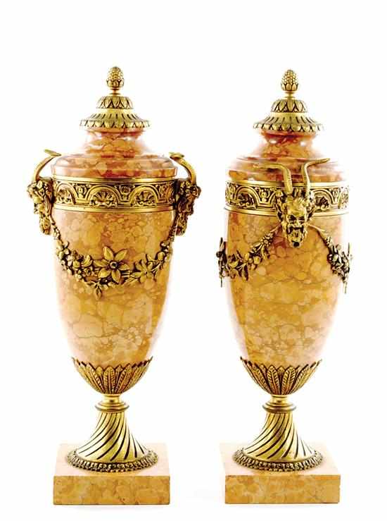 Appraisal: Pair ormolu-mounted rouge marble urns pomegranate finial on domed top