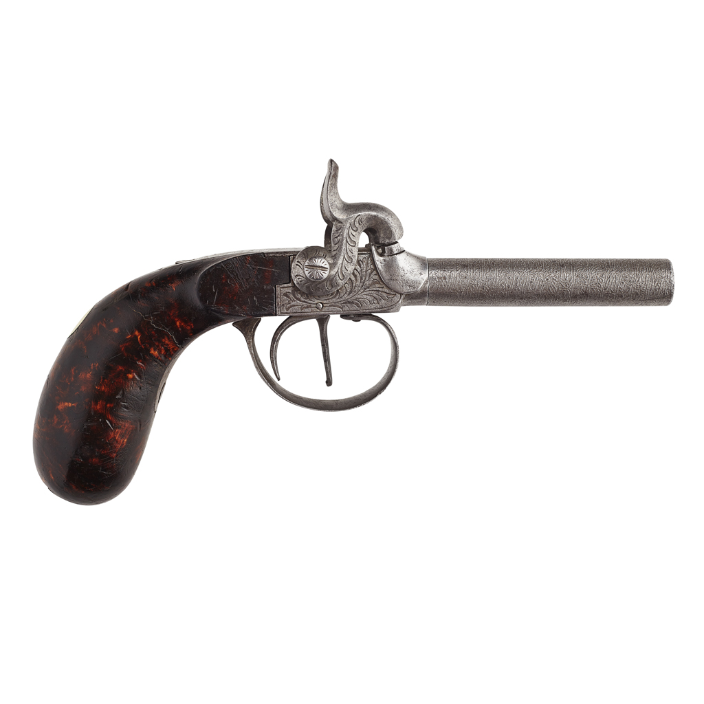 Appraisal: DAMASCUS DOUBLE BARREL TURN-OFF PERCUSSION POCKET PISTOL CIRCA with highly