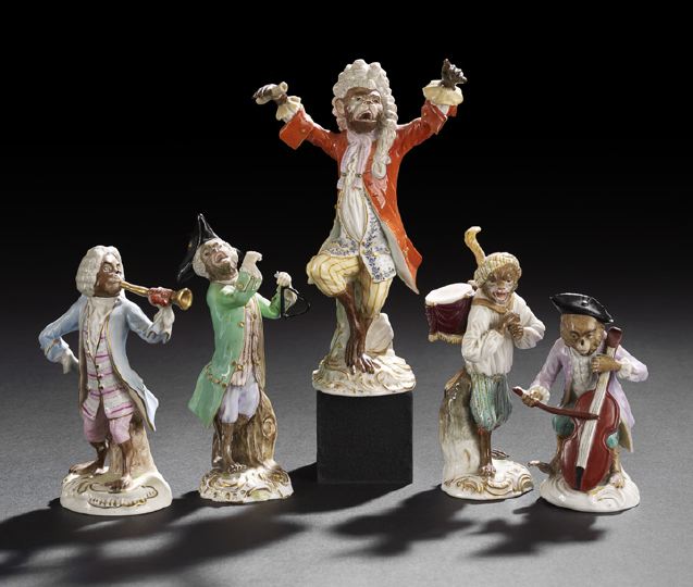 Appraisal: Collection of Five German Porcelain Monkey Band Figures th- th