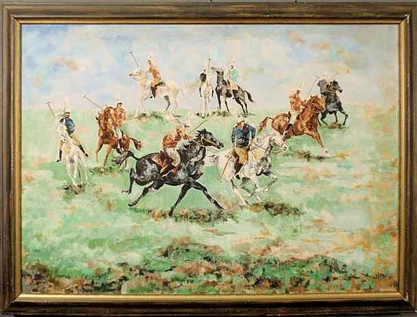 Appraisal: Oil on canvas painting of a polo match between India